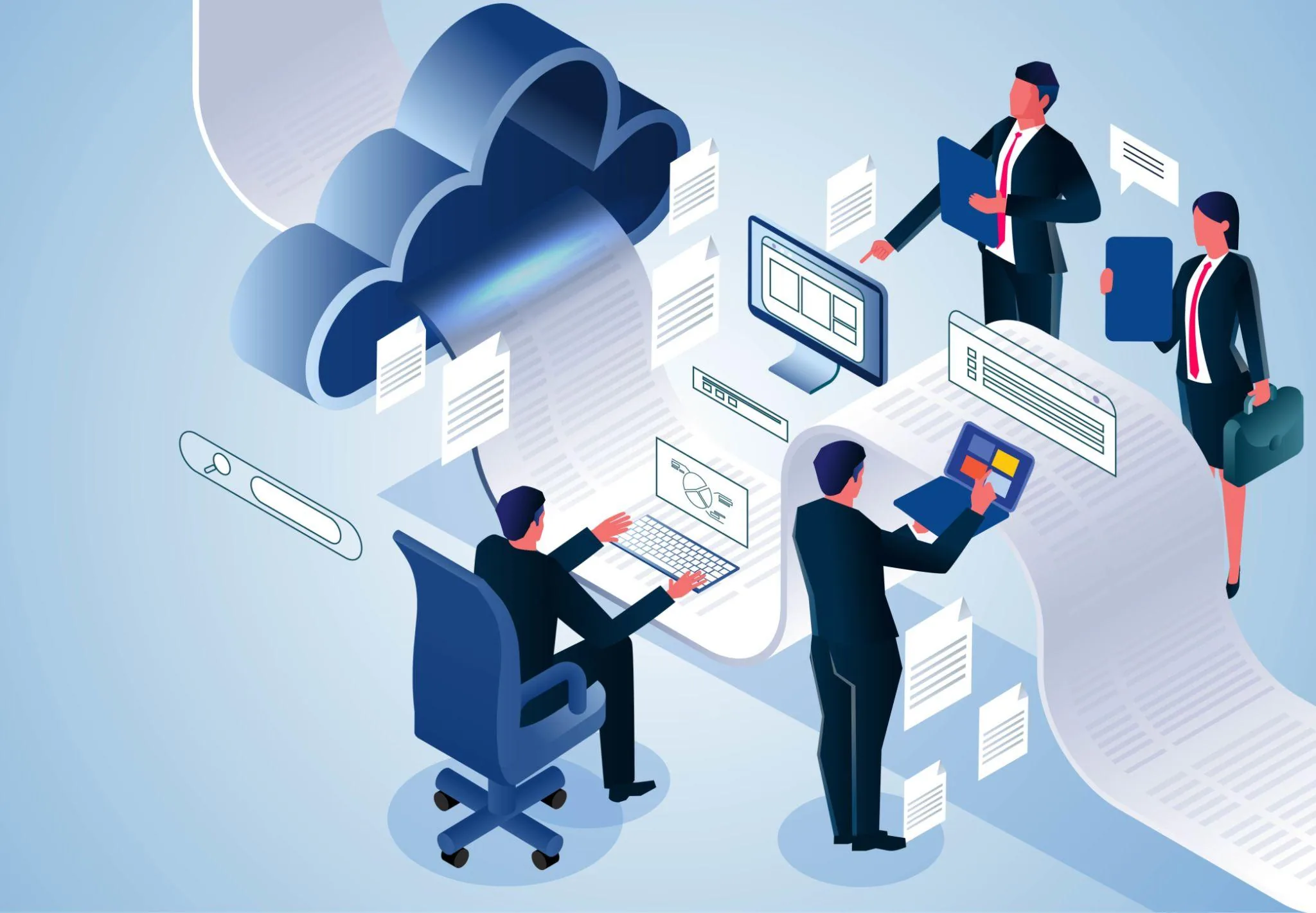 Ilustrasi integrasi cloud dan sinkronisasi sistem bisnis